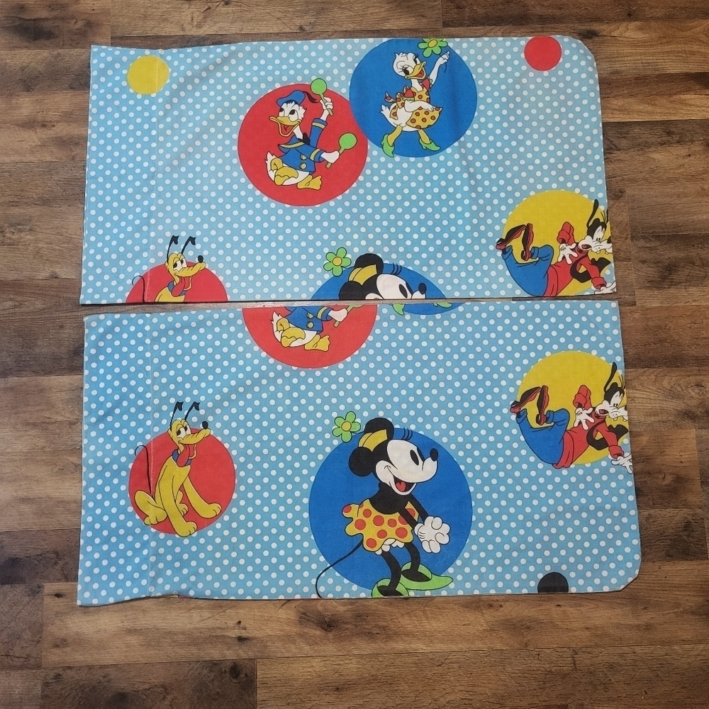 Wamsutta 70's Walt Disney Pair of Blue Polka Dot Mickey, Minnie, Daisy & Donald